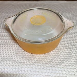 Vintage Pyrex Orange Casserole Dish With Sunflower Daisy Lid- Ovenware